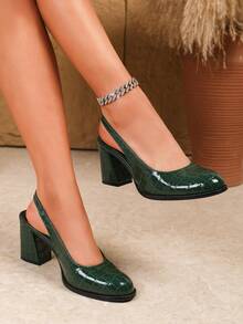 女士加大码粗跟圆头时尚高跟鞋，性感休闲派对婚礼高跟鞋，绿色时尚正装凉鞋，秋季、秋季、春夏 - 墨綠色 - 查看 4