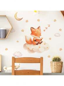 可爱狐狸儿童阅读墙贴 - 卡通书迷动物墙贴，适用于幼儿园、书房装饰、可移除教育教室装饰儿童房 - 彩色 - 查看 2