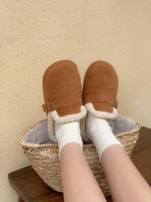 XIXITIAO 1双女士秋冬简约抽绳金属扣复古休闲一脚蹬乐福鞋，毛绒鞋头，浅棕色 - 棕色 - 查看 2