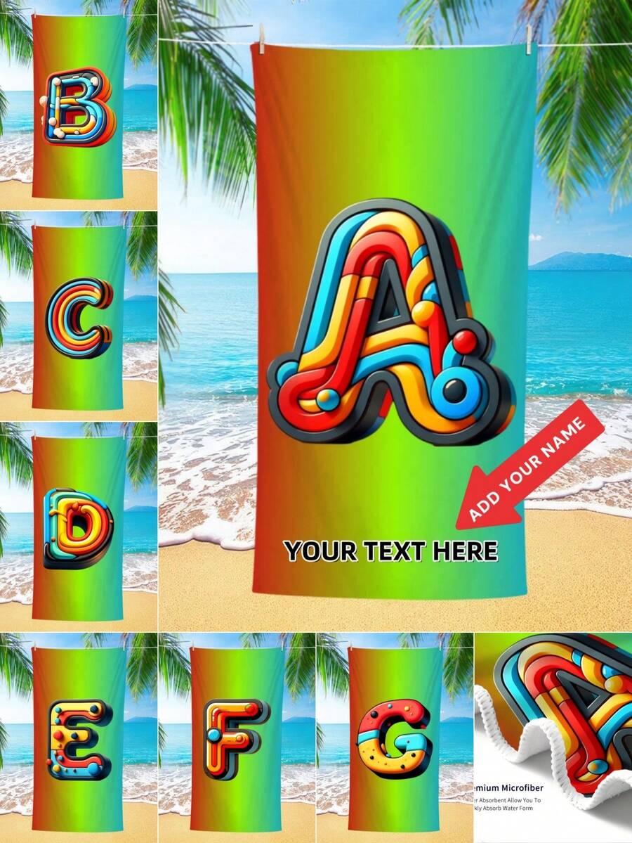 Personalized Cartoon Colorful Letter Customization A-Z English Letters Exclusive Custom Text Custom Name Quick Drying Outdoor Beach Towel Cool Ocean Customizable Palm Tree & Beach Scene, Perfect For Beach, Pool, Yoga & Fitness, Beach Accessories Absorbent Fabric, Beach Towel Outdoor Camping Perfect Gift