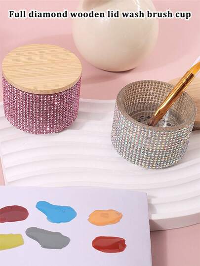 Fully Rhinestoned Wooden Lid Nail Art Brush Cleaning Cup, Fully Rhinestoned Transparent Glass Cleaning Container With Lid, Jewelry Brush Cleaning Cup, Nail Art Supplies, Nail Art Tools, Nail Art Accessories, Back To School, Nail Art, Nail Art Tools (Suitable For Nail Stickers)