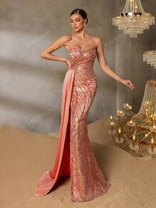 Faeriesty Faeriesty Luxury Sequin & Beaded Mermaid Gown - Strapless With Cross Back Straps, High Slit Revealing Fish-Scale Sequin Accents, Flared Tulle Train Overlay For Black Tie Affairs, Bridal Banquets, Red Carpet Galas