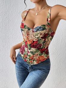 EZNV 1pc Vintage Palace Style Jacquard Slimming Camisole Top, French Romantic Jacquard Corset Vest - Multicolor - View 5