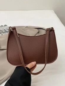 新款女式时尚简约单肩包休闲通勤腋下手提包小巧小众托特包纯色荔枝纹咖啡色