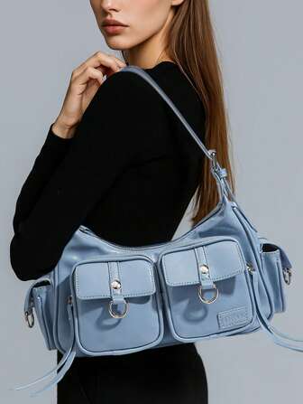 蓝色多口袋腋下包女士金属环装饰单肩包Y2K风格小众机车风手提包和百搭法棍包，适合日常通勤、聚会、休闲逛街和外出