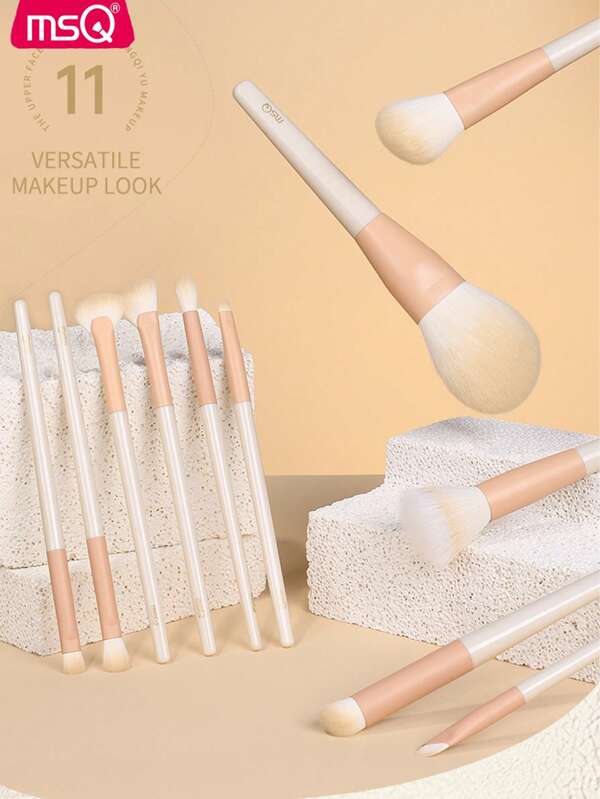 MSQ 11pcs Professional Long Aluminum Tube Makeup Brush Set With Storage Bag, Includes Foundation Brush, Powder Brush, Blush Brush, Highlighter Brush, Contour Brush, Eye Shadow Brush, Eyebrow Brush, Shading Brush, Smudge Brush, Soft & Fluffy Fiber, Portable For Travel, Gift For Women And Girls, Double Bristle Density, Soft And Smooth, Premium Synthetic Bristles, Skin-Friendly Non-Sticky