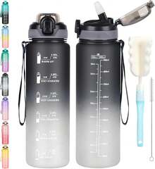 1L Bottle With Straw,Bottle Dishwasher ,Leak-Proof Sports Drinks Bottle With Maker & Bottle Brush,Running,Cycling, Gym, School & Office,Black - 藍色漸變 - 查看 7