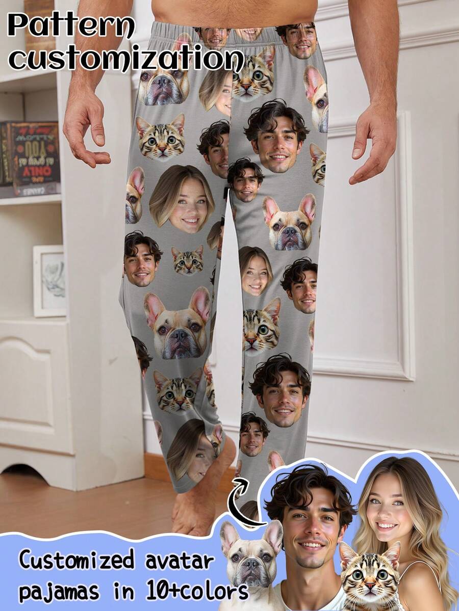 Printstory Customized Men's Pajama Pants With Unique Couple Portrait, Face Swap, And Pet Face Designs, Fall, Winter