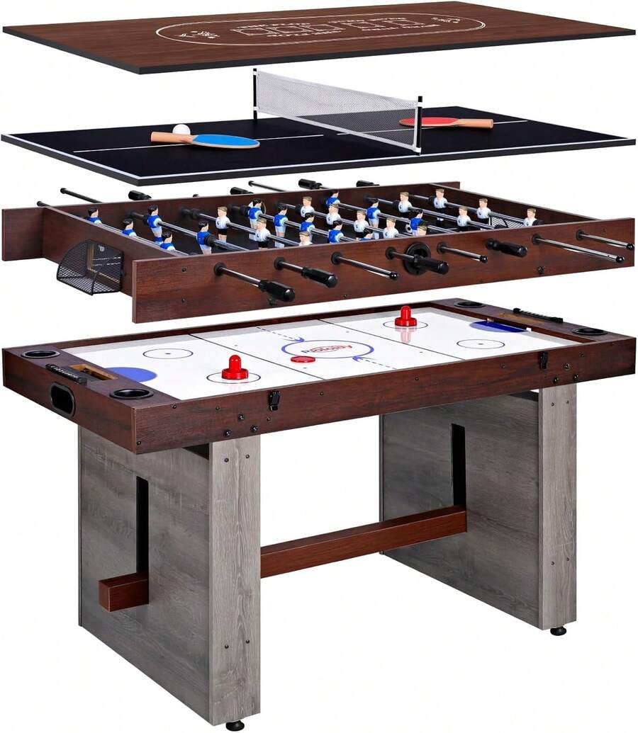 4-In-1 Combo Game Table – Foosball, Electric Air Hockey, Ping Pong & Poker, 55" Multi-Game Table For Home & Game Room Fun - Burgundy - View 1