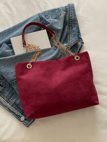 个性大容量包包，女士大容量纹理链条单肩包，新款时尚ins腋下包，复古磨砂托特包 - 紅色 - 查看 5