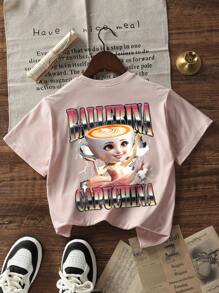 Camiseta de manga corta de cuello redondo con estampado gráfico rosa para estudiantes niñas y adolescentes, top de verano