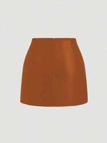LIU ME Faux Leather Skirt With Front Drape - Camel - View 2