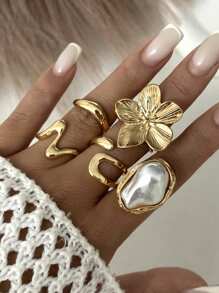 5pcs Baroque Pearl Rhinestone Ring Set, Liquid Lava Flower Open Ring Design, Suitable For Parties, Gift Giving, And Daily Wear