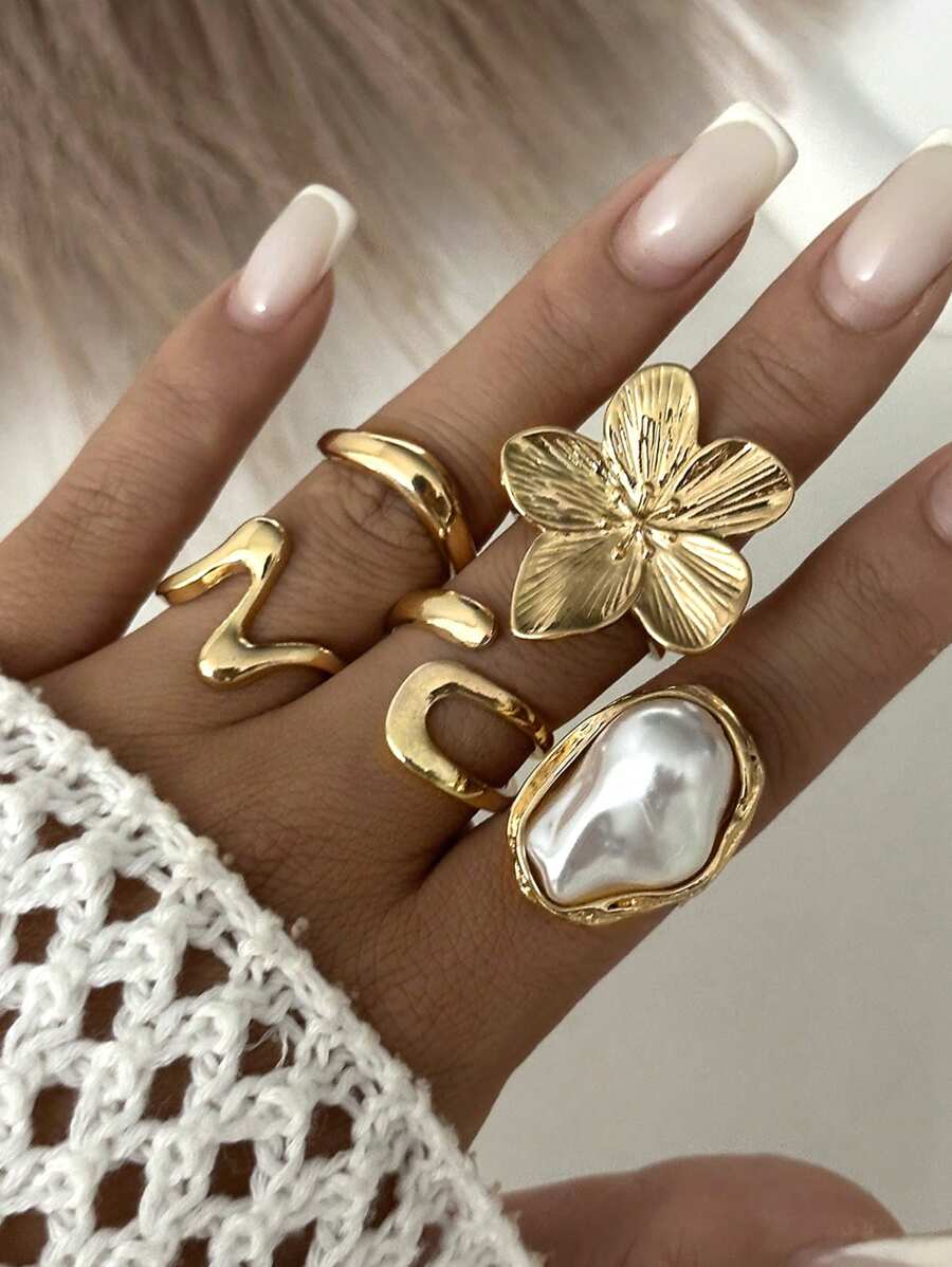 5pcs Baroque Pearl Rhinestone Ring Set, Liquid Lava Flower Open Ring Design, Suitable For Parties, Gift Giving, And Daily Wear