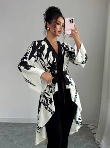 Symmetrical Printed Black And Beige Long Sleeves Waist Cinched Fish Tail Hem Elegant French Shirt - Multicolor - View 1