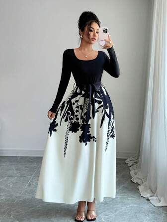 Women Fall Women Outfits Mixed Floral Print Tie Front Crew Neck Short Long Sleeves Dress