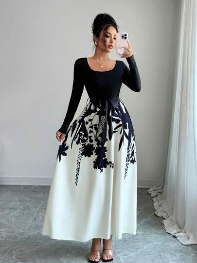 Vestido de mujer con estampado floral mixto, cuello de tripulación, mangas cortas y largas, y lazo delantero para el otoño