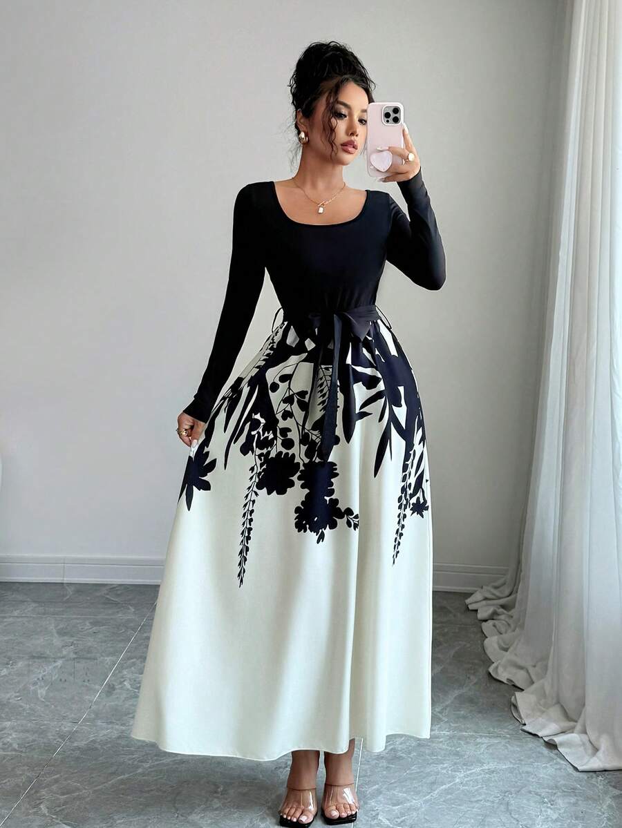 Women's Mixed Color Print Drawstring Round Neck Short/Long Sleeve Dress, Autumn Elegant - Multicolor - View 1