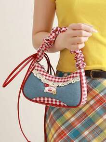 Rot karierte Handtasche für den Arbeitsweg, Einkaufen, täglichen Gebrauch, koreanischer Stil Schulterbeutel, vintagemäßige Baguette-förmige karierte Tasche für Frauen