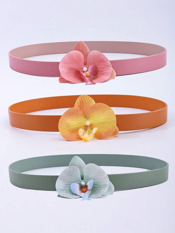 1pc Women Sweet Pink And Peach Floral & Butterfly Faux Leather Soft Waist Belt