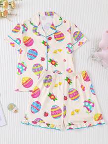 2 件女童彩色鸡蛋印花睡衣套装，儿童可爱连体衣配领扣衬衫，适合所有季节、家居服和派对 - 杏色 - 查看 1