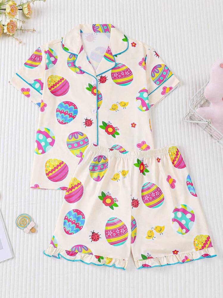 2 件女童彩色鸡蛋印花睡衣套装，儿童可爱连体衣配领扣衬衫，适合所有季节、家居服和派对 - 杏色 - 查看 1