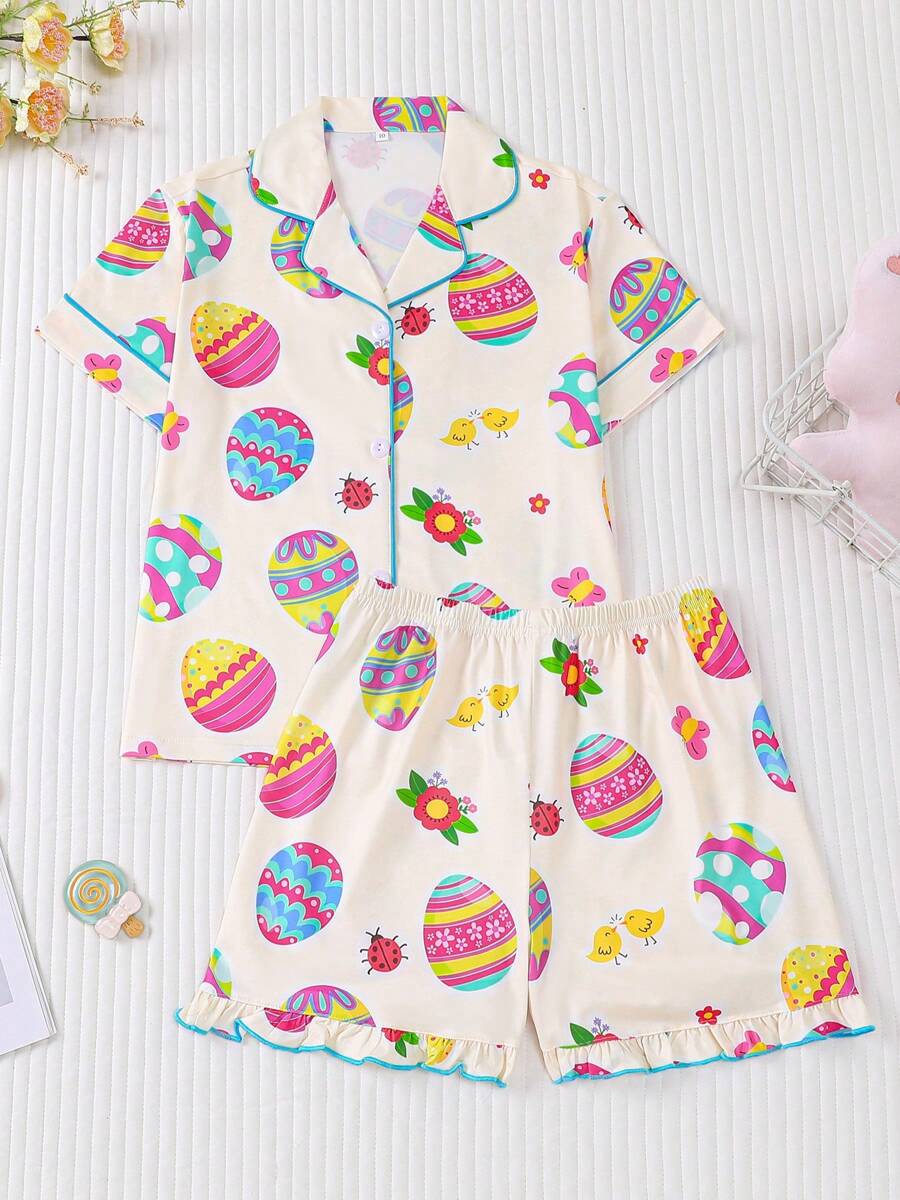2 件女童彩色鸡蛋印花睡衣套装，儿童可爱连体衣配领扣衬衫，适合所有季节、家居服和派对 - 杏色 - 查看 1