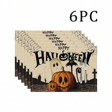 1/4/6 Stücke Halloween Serie mit gestreiften, Geister- und Kürbisdruck dekorative Tischsets/Untersetzer, 100% Leinen, handwaschbar - ideal für Esstische, Restaurants, Geburtstag & Party Dekoration, Heimdekoration