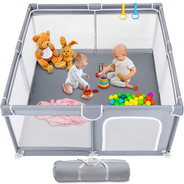 Parque infantil para bebé 150x180cm, altura 65cm, Espacioso parque infantil Baby 150 x 180, accesorios incluidos 50 pelotas blandas interactivas + bolsa de transporte + ganchos dobles, es una herramienta de ayuda al aprendizaje versátil adecuada para uso doméstico o exterior.