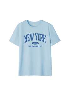 Áo thun nữ mùa hè in chữ, dáng rộng, cổ tròn, kiểu dáng thường ngày, thời trang và đa năng. - Màu xanh nhạt - Xem 4