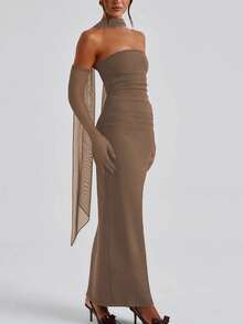 Damen plissiertes rückenfreies Maxikleid mit Schlitz und Handschuhen, figurbetontes sexy elegantes Abendkleid - Khaki - Übersicht 3