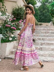Women Purple Floral Tall Waist Drawstring Fringe Slip Dress Beach Holiday Picnic Valentine's Day Wedding Season Coachella Music Festival - Nhiều màu - Xem 2