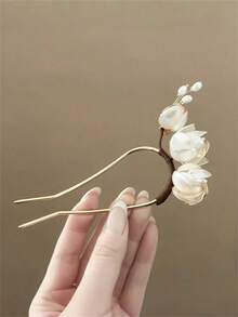 1个女士优雅新款中国风仿玉玉兰花U型发夹，适合马尾辫、半丸子头、日常穿搭、波西米亚风发饰、丸子头延长发夹、丸子头发片、丸子头造型器、发夹、发卡、发饰、学生用品、发卡、头饰