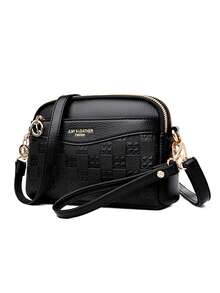 复古荔枝压纹斜挎包，复古 PU 皮革单肩包，女士百搭手提包和钱包 - 黑色 - 查看 4