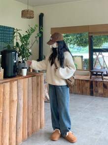 XIXITIAO 1双女士秋冬简约抽绳金属扣复古休闲一脚蹬乐福鞋，毛绒鞋头，浅棕色 - 棕色 - 查看 11