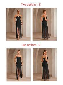 Bernatova 性感斜挎肩带奢华钻石紧身鸡尾酒会礼服，中长款名人晚会礼服，带流苏细节，适合婚礼宾客、返校节、节日、生日、晚宴 - 黑色 - 查看 11