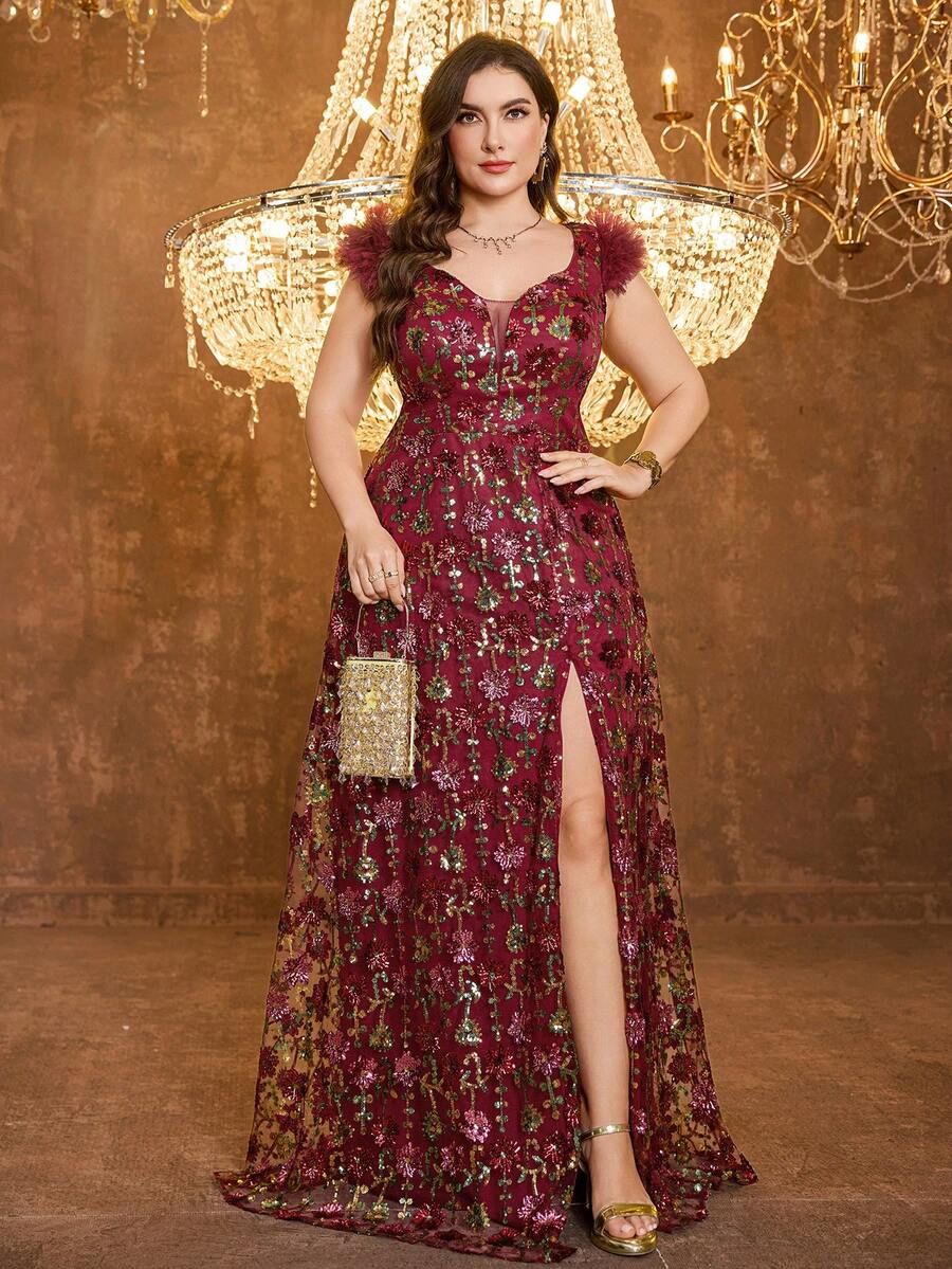 SUPGIR Plus Women's [Random Print] Sweetheart Neckline Backless Slim-Fitting Sequin Patchwork Slit Evening Dress - Burgundy - View 1