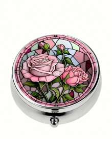 Pudełko na tabletki z 2 przegródkami, przenośne etui na leki, można umieścić w kieszeni lub portfelu, dekoracyjne metalowe pudełko do przechowywania leków i witamin, wyjątkowy prezent (kwiatowy)