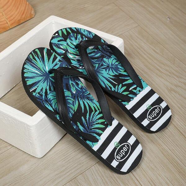 Men's Fashion Palm Tree & Letter Printed Flip-Flops, Beach, Party, Home, Outdoor Vacation Wear, Summer
