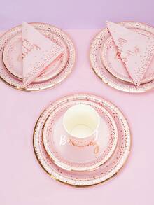 10 件/50 件/80 件浅粉色和玫瑰金生日快乐盘子杯子和餐巾餐具套装派对用品纸粉色和玫瑰金皇冠一次性蛋糕盘餐盘适合女孩公主女士生日派对装饰 - 彩色 - 查看 3