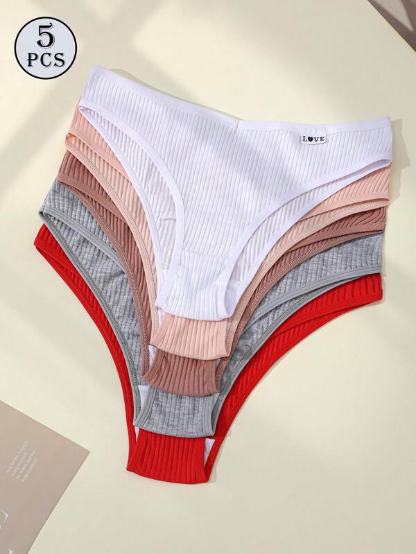 5pcs Briefs Panties Ribbed Knickers Women's High Elastic Underpants Panty Solid Color Underwear Letter Design Lingerie Low-Waist
