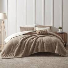Comforter Set 3 Piece, Plush Fluffy Bedding, Geometric Pattern, Lightweight Bedspread Blanket All Season, Faux Comforter - Brown - View 3