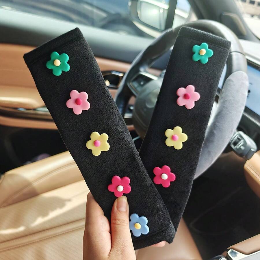 2 件汽车座椅肩垫，5 种花朵图案安全带肩套保护器 - 均碼 - 查看 1