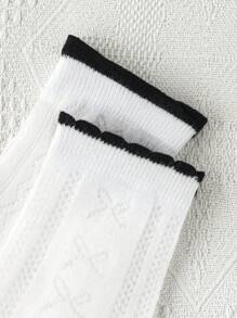 4 Pairs Girls' Bowknot Design White Mesh Casual Breathable Student Socks, Suitable For Spring/Summer Daily Wear