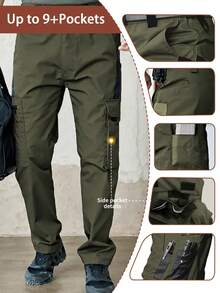 2Pcs Men's Solid & Camo Print Pockets Zipper Waterproof Tactical Cargo Pants Without Belt, Regular Fit Sporty Pockets Durability Trousers For Fall, Wear-Resistant Outdoor Training Pant For Men - 灰色+綠色 - 查看 8