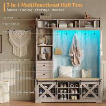 7-In-1 Farmhouse Hall Tree With Bench And Shoe Cabinet, LED Entryway Organizer With 2 Drawers, 12 Shoe Cubbies, Barn Doors And 7 Coat Racks - 灰色 - 查看 4