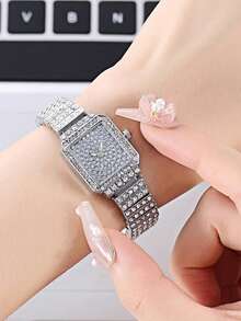 2 件女士钢表带水钻休闲手表和手链套装 - 銀色 - 查看 3