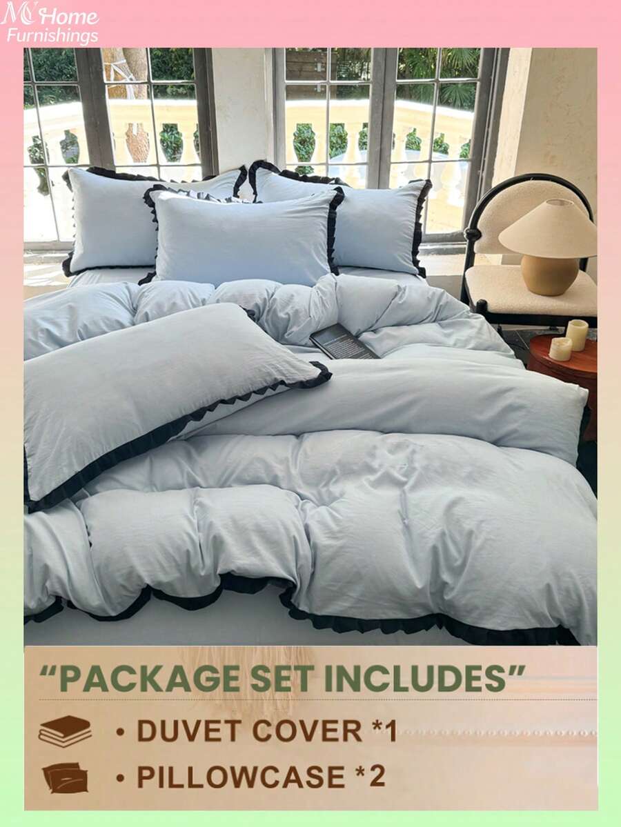 3pcs Set Light Blue Narrow Lace Ornate Boy Girl Student Dorm Beddings Bedroom Duvet Cover & Pillowcase Set, No Filling, Machine Washable Back To School Beddings - Baby Blue - View 1