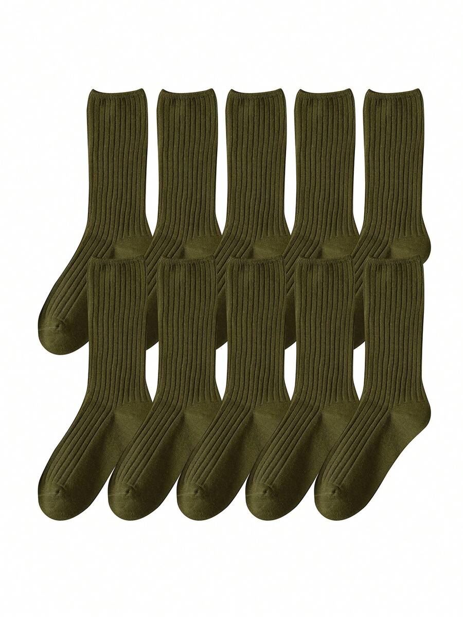 10 Pairs All Season Basic Solid Color Women Cotton Socks Girl Colorful In Tube Sock Free Size US5-9 - xanh quân đội - Xem 1