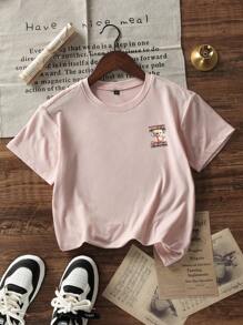 Camiseta de manga corta de cuello redondo con estampado gráfico rosa para estudiantes niñas y adolescentes, top de verano